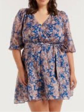 Ever New Curve floral tiered mini dress size US 16 belted
